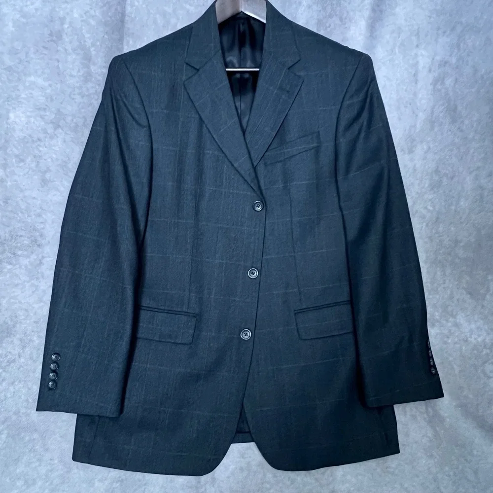 Oscar de la Renta Mens 40R Blazer Blue Gray Windowpane Check 3-Button Sport Coat